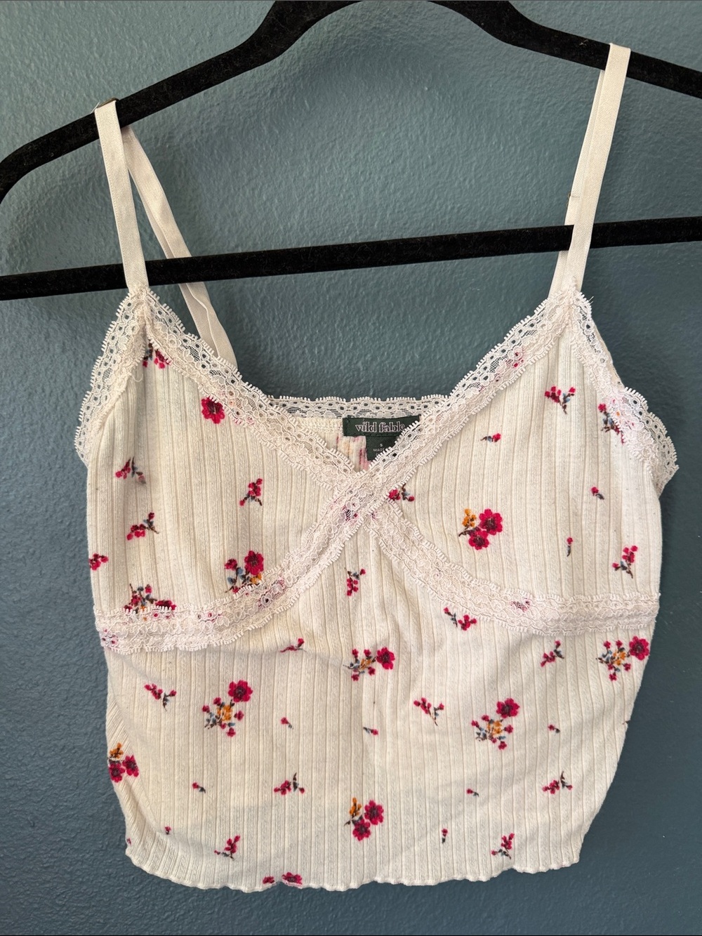 wild fable Cream Ribbed Floral Lace Trim Crop Top with Pink Flowers
